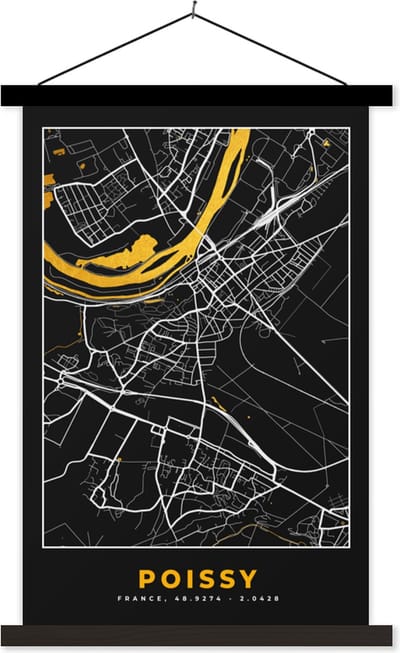 Posterhanger incl. Poster 40x60 cm - Schoolplaat - Kaart - Stadskaart - Plattegrond - Poissy - Frankrijk - Textielposter - Zwarte latten - Stadskaart