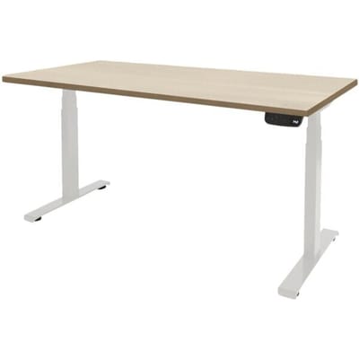 Dextro plus zit/sta 180x80cm, electrisch hoogte verstelbare werkplek, T-poot frame. Frame kleur wit (RAL9010) en blad Honey Castello.