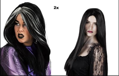 2x Pruik Black Widow met grijze strings en Black Widow zwart - Halloween horror griezel heksen thema feest scary fun