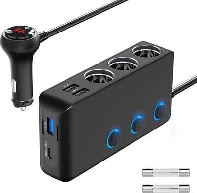 Thijox - PD 30W Sigarettenaansteker Splitter Auto 200W met 3 Stopcontacten en 4 USB Oplaadpoorten, USB-C, QC 3.0, LED Voltmeter voor Auto, Mobiele Tel