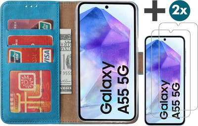Hoesje met 2 Stuks Screenprotectors Geschikt voor Samsung Galaxy A55 – Arara bookcase met pasjeshouder - Blauw