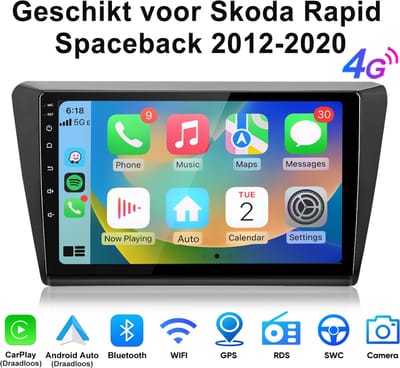 JUNSUN Android 15 Autoradio Geschikt voor Skoda Rapid Spaceback 2012-2020, 6GB+128GB, Draadloze CarPlay & Andriod Auto, DAB+, GPS-navigatiesysteem, Bluetooth, USB, Stuurwielbediening, WiFi, RDS, FM, 9-inch Touchscreen, DSP, 4G, Octa-core processor