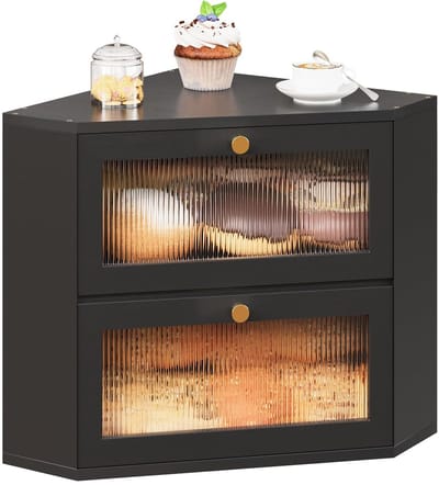 Dailygoods- Broodtrommel met 2 etages - Hoekbroodtrommel - Voedselveilige brooddoos - Transparante acryldeur - Bamboe - 31 x 31 x 35 cm