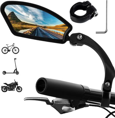 Fietsspiegel Links voor E-bike & Fiets - 360° Verstelbaar - Lens Stuur Fiets Spiegel - Veilige Achteruitkijkspiegel voor E-bike / Electrische Fiets / Scootmobiel / Scooter - Krasbestendige Glazen Lens - Fietsen & Accessoires - Zwart - SOLLBRY®