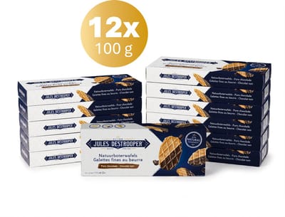 Jules Destrooper Natuurboterwafel Koekjes met Chocolade 12 x 100g - Koffiekoekjes in grootverpakking voor bij de koffie of thee - Assortiment van 12 dozen individueel verpakt - Classic Chocolate Range