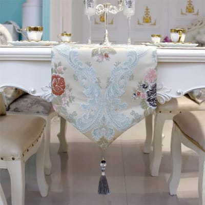 tafelloper luxe jacquard tafelloper met kwasten, ingewikkelde tafelloper geborduurd zijde & katoen,3 kleuren
