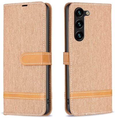 Voor Samsung Galaxy S24+ 5G Kleurblok Denim Textuur Lederen Telefoonhoesje (Bruin)