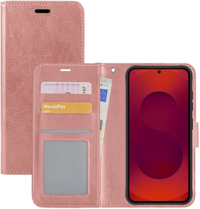 Hoesje - Met Pasjeshouder - Geschikt voor Samsung Galaxy S25 Edge - Luxe Bookcase Portemonee - Flip Case - Kunstleer Book Case - Flipcase - Book Cover - Walletcase - Portemonneehoes - Rosé goud