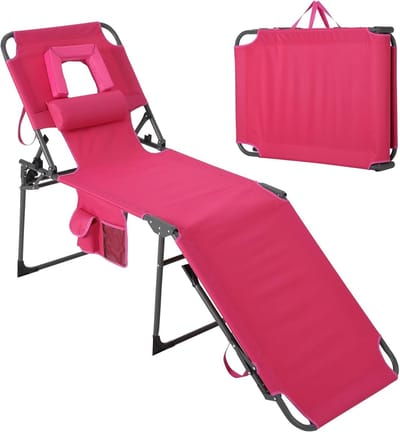 Roze - ligstoel met gezichtsopening - 200x59x60 cm, opvouwbaar en 5-voudig verstelbaar, met kussen en zijvak voor strand, tuin en zwembad