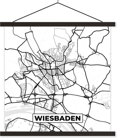 Posterhanger incl. Poster 60x60 cm - Schoolplaat - Wiesbaden - Kaart - Plattegrond - Stadskaart - Textielposter - Zwarte latten - Stadskaart