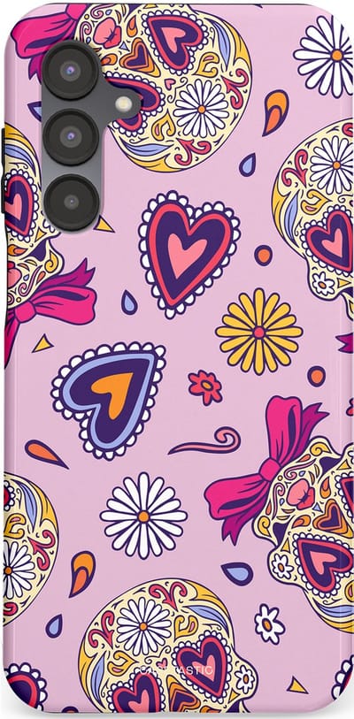 Casetastic hoesje geschikt voor Samsung Galaxy A16 - Dubbellaagse bescherming - Dia de los Muertos Doodshoofd Strik - Fashion Case - Lichtroze Lila Taupe Zilver