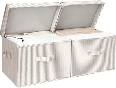 Famanu – Set van 2 opvouwbare opbergdozen met deksel – Stoffen wasmanden met handvatten – Grijs/wit gestreept