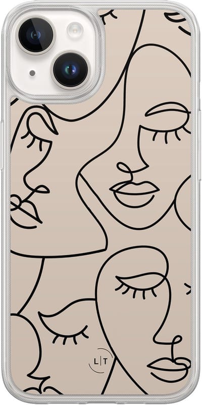 Hoesje geschikt voor iPhone 14 - Abstract faces - 2in1 backcover - Print / Illustratie - Beige - Leuke Telefoonhoesjes