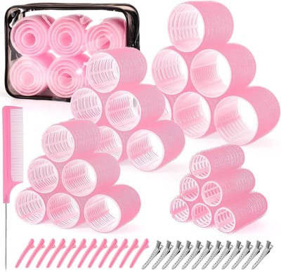 Haarrollen Set - Krulspelden Voor Haar - Haar Stijlen - Zelfklevend Zonder Hitte - 4 Maten 50 Stuks - Roze