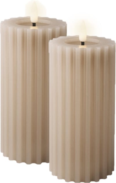 Lumineo Luxe LED kaars/stompkaars - 2x st - lichtgrijs - ribbel - D7,5 x H17,3 cm - timer