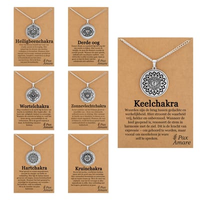 Set van 7 Chakra Kettingen - Zilverkleurig - Kruin | Derde Oog | Keel | Hart | Zonnevlecht | Heiligbeen | Wortel Sieraden Bundel - 60cm Hanger - Pax Amare