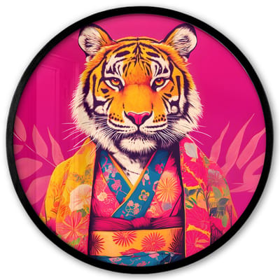 Poster in lijst Rond - Fotolijst 40x40 cm - Posters - Tijger - Kimono - Planten - Roze - Ronde posterlijst zwart - Decoratie - Wanddecoratie woonkamer - Muurdecoratie slaapkamer