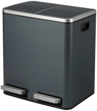 Prullenbak met Dubbel Compartiment en Voetpedaal - Afvalscheidingsbak met Softclose, Staal, 30 liter, met 15 x Vuilniszak-Grijs.