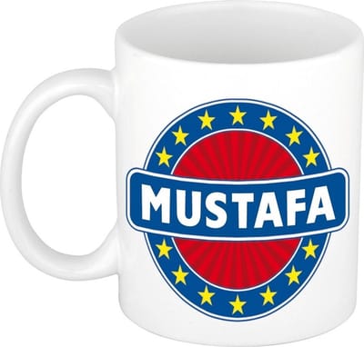 Bellatio Decorations - Mustafa voornaam - koffiemok - beker - wit/blauw - 300 ml - Cadeau - Heren - Collega - Vaderdag - Verjaardag
