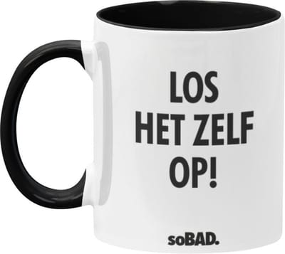 Mok zwart/wit - Los het zelf op! - soBAD. | Mug | Tekst | Collega | Kantoorhumor | Theemok | Koffiemok | Koffiebeker | Vaatwasbestendig