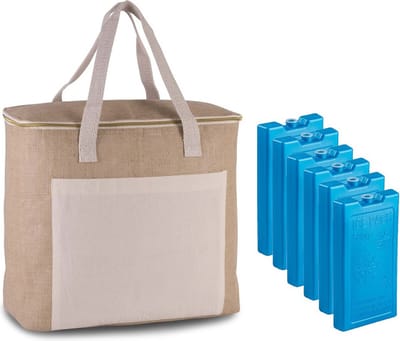 Grote strand koeltas jute/canvas 20 liter en 38 x 32 x 16 cm met 6x stuks 500 grams koelelementen blauw