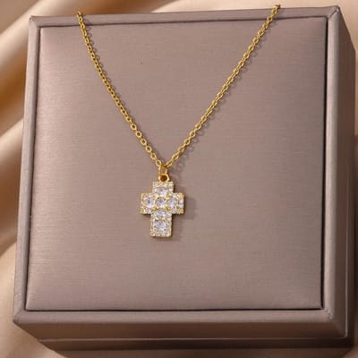 316L Roestvrij Staal Zirkonia Jezus Kruis Hanger Kettingen Voor Vrouwen Hip Hop Gouden Kleur Kruis Ketting Feest Sieraden Cadeau 45cm