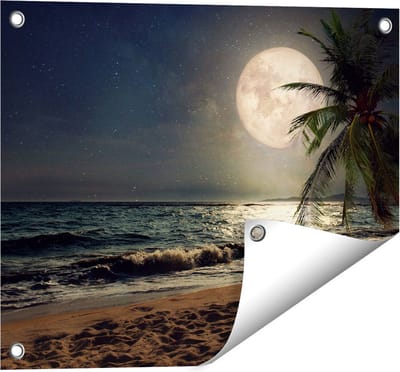 Gards Tuinposter Tropisch Strand in de Nacht met Volle Maan - 50x40 cm - Tuindoek - Tuindecoratie - Wanddecoratie buiten - Tuinschilderij