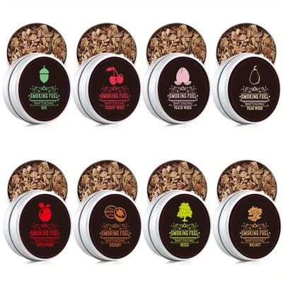 K&R Ventures® Rooksnippers Set – 8 Soorten Rookhout – Whiskey Smoker & BBQ Rookchips – Voor Vlees, Vis & Cocktails – Houtsnippers Mix van Perzik-, Beuken-, Hickory-, Kersen-, Eiken-, Walnoot-, Appel- & Peerhout
