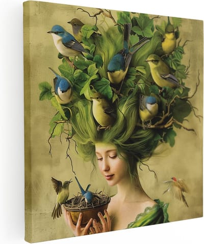 Artaza Canvas Schilderij Vrouw Met Vogels - 90x90 cm - Wanddecoratie Vogels - Muurdecoratie Portret - Schilderijen Op Canvas