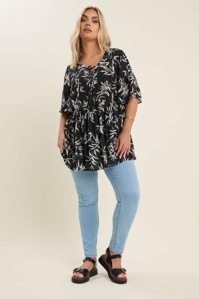 Yours Top Met Palm Print, Engelmouwen En Strikdetail In Zwart Size 42
