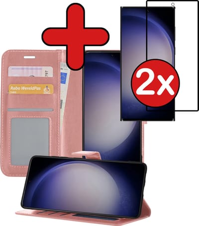 Hoesje - Met 2x Screenprotector - Geschikt voor Samsung Galaxy S23 Ultra - Luxe Pasjeshouder - Flip Case - Bookcase Portemonee - Kunstleer Book Case - Flipcase Hoes - Book Cover - Walletcase - Portemonneehoes - Telefoonhoes - Rosé goud