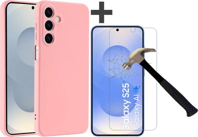 Hoesje geschikt voor Samsung Galaxy S25 hoesje zacht siliconen met gehard glas Screenprotector- Arara backcover - Licht Roze