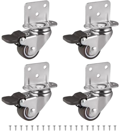 4 Stuks Zwenkwielen met Rem voor Meubels - Rubber, 25 mm, Draagkracht 11 kg per Wiel