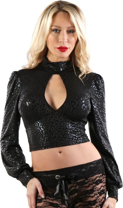 Soisbelle Paris - Crop Top met Pofmouwen en Open Rug - Zwarte Panterprint S/M