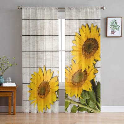 Pastorale Stijl Zonnebloem Vintage Plank Tule Gordijnen Keukendeurgordijn Transparante Voile Kerstgordijnen Voor Woonkamer 135W x 114H(cm) yellow