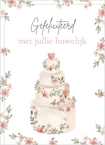 Wenskaart gefeliciteerd huwelijk bruidstaart bloemen – 10x15 cm – stevige kaart 400 grams – inclusief kraft envelop – huwelijkskaart
