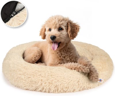 Pet Perfect Donut Hondenmand 80 cm – Fluffy Hondenkussen – Met Rits - Beige - Extra Gevuld