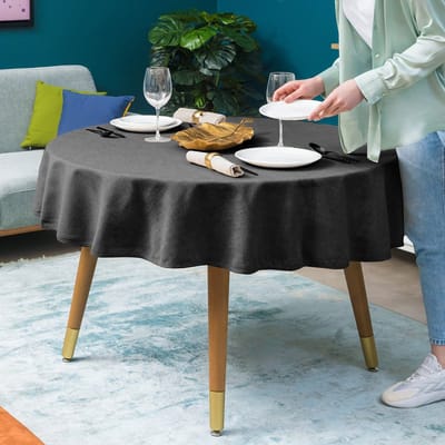 Rond Tafelkleed Ø140 cm Linnenlook Donkergrijs – Waterafstotend & Machinewasbaar – Vintage Tafeldecoratie voor Eettafel