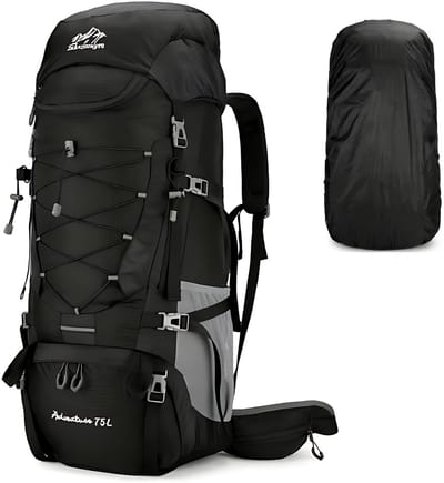 CarryQuest® - 75L Campingrugzak - Waterdichte Nylon Travel Backpack met Regenhoes, Laptopvak, Schoenenvak, Waterzakcompartiment, Rugventilatie & Afneembare Standaard - Zwart