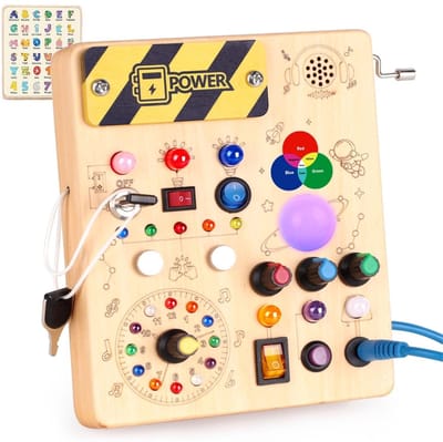 Montessori Speelgoed Premium Educatief Activiteitenbord – Houten Speelgoed Sensorisch En Zintuiglijk Leerbord – Activiteitenbord Met 12 Schakelaars En LED-Verlichting | Speelgoed Voor Motorische Ontwikkeling
