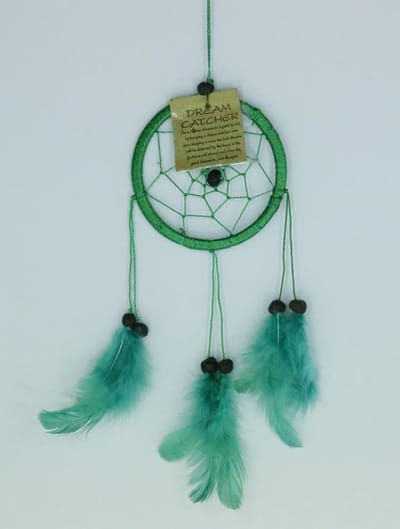 Dromenvanger / Dreamcatcher Ø9cm zonder kleintjes  - groen (groene veertjes)