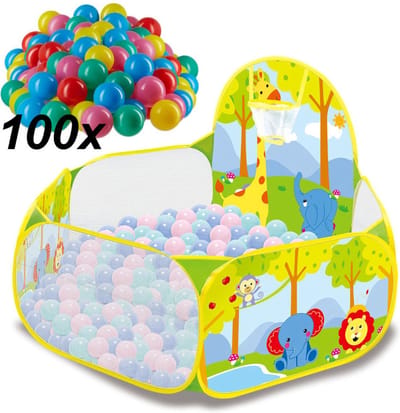 Ballenbak met Basketbal Net - MET 100 Ballen voor Ballenbak - Baby - Dieren print Ballenbad voor kinderen - Ballenbad