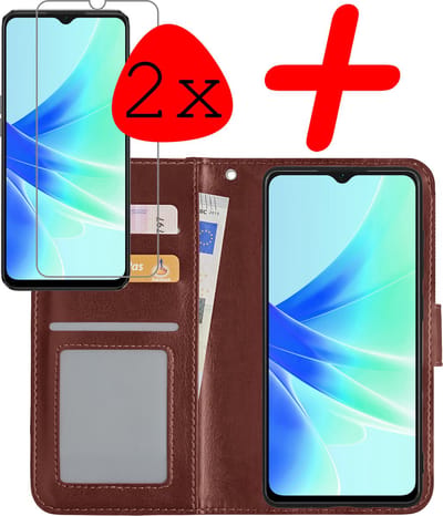 Hoesje Met 2x Screenprotector - Geschikt voor OPPO A57 - Luxe Pasjeshouder - Bookcase Portemonee - Flip Case - Kunstleer Book Case - Flipcase Hoes - Book Cover - Walletcase - Portemonneehoes - Bruin