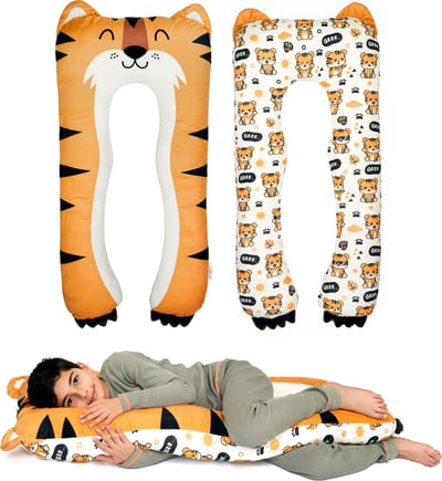 SNUZZY® Knuffel Tijger - Zijslaapkussen - Body Pillow 120x60 cm – Lichaamskussen – Kinderkussen – Leeskussen – Zwangerschapskussen – Knuffelkussen – Wasbare Hoes