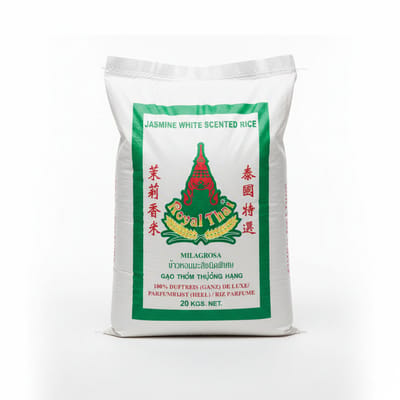 Royal Thai Jasmine Rijst: Premium Langkorrelige Geparfumeerde Jasmijnrijst - Grootverpakking 20 kg met Kajal Sticker
