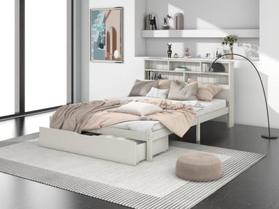 REDOM Bedframe 140x200 cm – Boekenkast-hoofdbord & 2 lades – Massief grenenhout & MDF – Wit – 150 kg