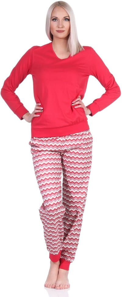 Damespyjama's, lange pyjama's met V-hals & manchetten in etnische look
