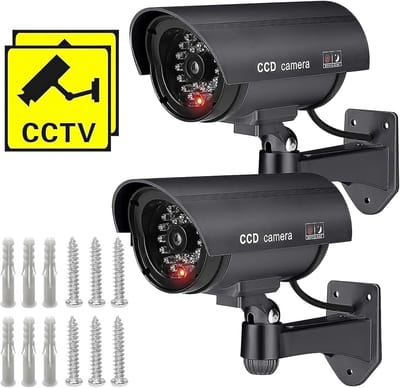 SnelShoppen - 2x Camera Dummy voor Buiten, Weerbestendige Neppcamera met Rode LED Flits voor Binnen en Buiten, Ideaal voor Beveiliging en Inbraakpreve
