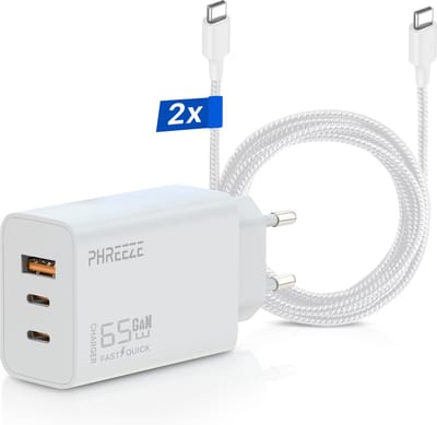 65w usb-C Oplader 3 Poorten met usb C naar usb C Kabels 3 Meter - Snellader