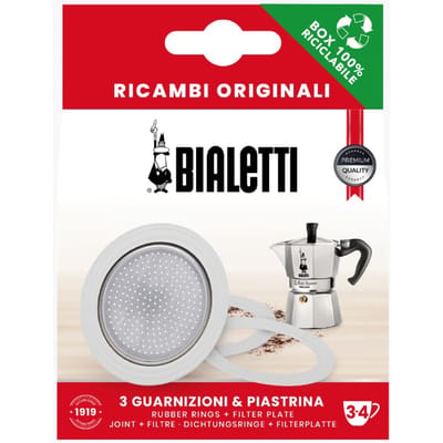 Bialetti - Set Filterplaatje aluminium (49mm) - Voor de Bialetti Moka Express en Moka Induction, 3 en 4 Kops - Inclusief 3 Rubberen Ringen (binnenmaat ring 49mm)